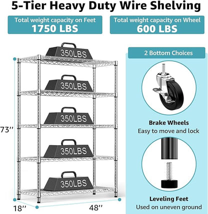 5-Shelf Storage Shelves,Wire Shelving Heavy Duty Metal Storage Shelving Unit Adjustable Garage Shelving Rack Pantry Kitchen (Chrome, 5 Tier,17.7" D x 47.2" W x 76.7" H)