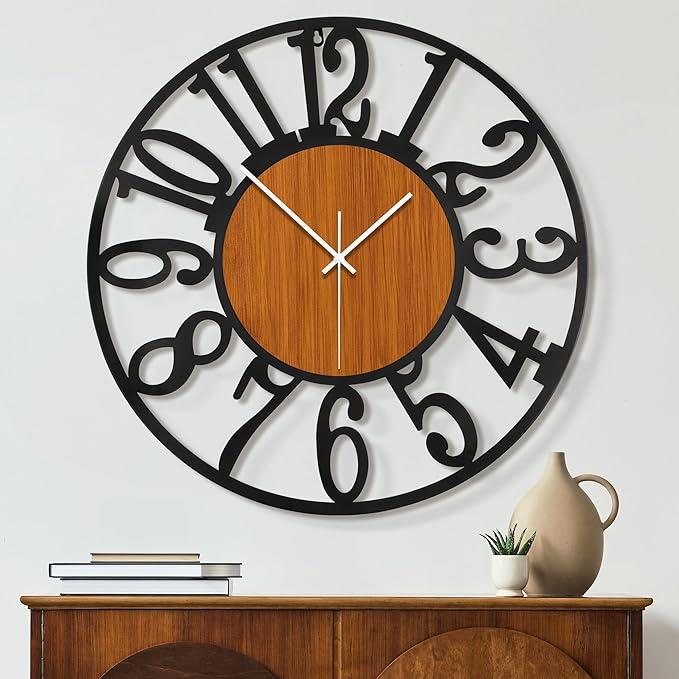 Maxstar Round Wall Clock for Living Room Decor Battery Operated Non Ticking Black Metal Wood Clocks for Home Living Room Garden Office Kitchen Decoration -20 inch