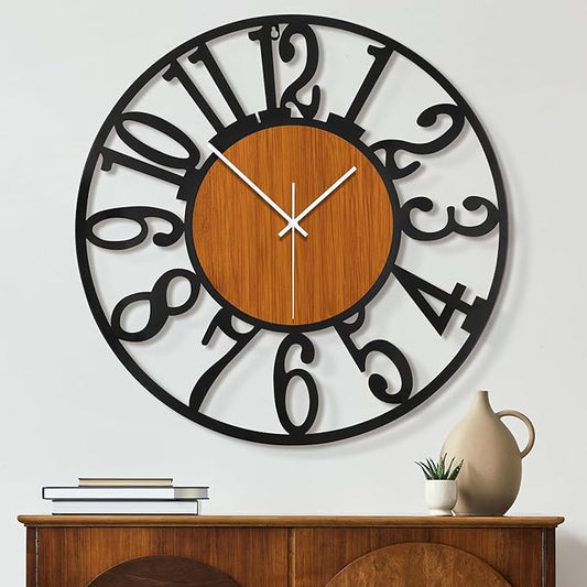 Maxstar Round Wall Clock for Living Room Decor Battery Operated Non Ticking Black Metal Wood Clocks for Home Living Room Garden Office Kitchen Decoration -20 inch