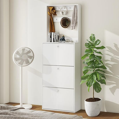 Shoe Storage Cabinet with 3 Flip Drawers, Narrow Shoe Cabinet with 9 Hooks Coat Rack, Freestanding Slim Shoe Storage Organizer for Entryway, Hallway, Entrance, Bedroom, Living Room, White