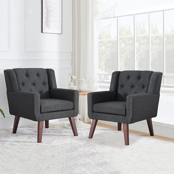Accent Chair Button-Tufted Upholstered Living Room Chairs Comfy Reading Chair Mid Century Modern Chair with Linen Fabric Lounge Arm Chairs for Living Room Bedroom (Grey Set of 2)