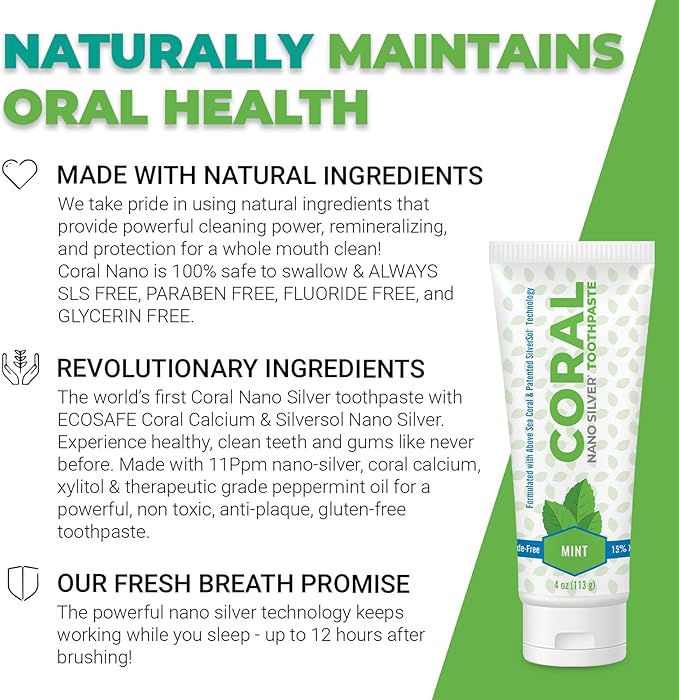 Coral White Nano Silver Mint Toothpaste, Natural Fluoride Free Teeth Whitening Toothpaste, Coral Calcium Nano Silver Infused SLS, Glycierin Free 4 Ounce (4 Pack)