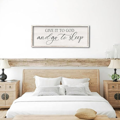 comurdyo Give It To God And Go to Sleep Sign 32''×12'' Master Bedroom Above Bed Wall Decor Wood Framed Couple Large Farmhouse Guest Room Rustic Simple Over Bedside Wall Art Hanging Decor (White)