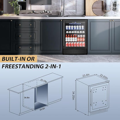 Tylza Beverage Refrigerator 24 Inch, Under Counter/Freestanding Drink Fridge, 190 Cans Beverage Cooler with Glass Door, Reversible Door, Low Noise, Quick Cooling - for Beer, Soda, ETC, Black