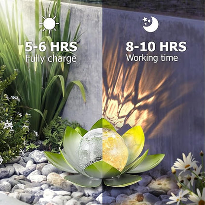 Garden Solar Light Outdoor(2Pack),Crackle Globe Glass Lotus Decoration, Waterproof Metal LED Flower Lights for Patio,Lawn,Walkway,Tabletop,Ground