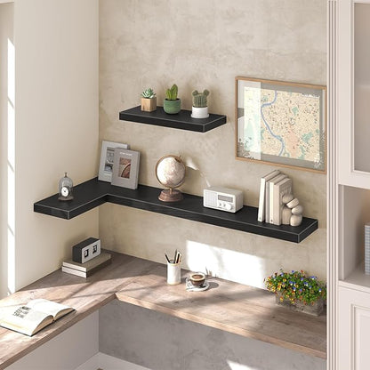 HOOBRO Floating Shelves for Wall, Wall Mounted Shelf Set of 2, 55" Hanging Shelf with Invisible Brackets, for Wall in Bathroom, Bedroom, Toilet, Kitchen, Living Room, Office, Black BK140BJP201