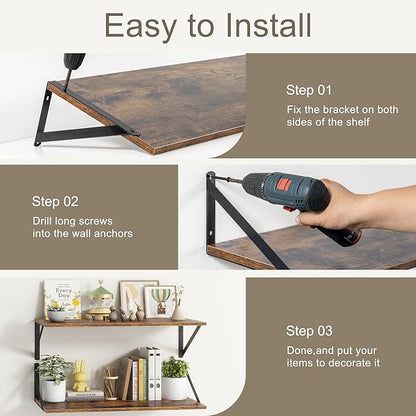 Fun Memories Deep Floating Shelves, 55W x 12D Floating Shelves for Wall, Wood Floating Shelf with Bracket, Wide Display & Storage Wall Shelves for Living Room, Bedroom, Rustic Brown