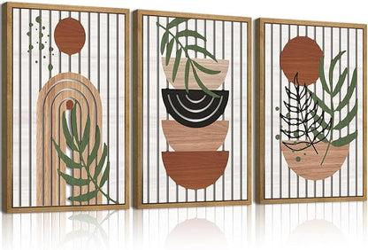 Large Boho Mid Century Wood Wall Art Set Modern Bohemian Wooden Wall Decor Minimalist Leaf Art Decor Abstract Geometric Wall Sculptures for Living Room Bedroom Office-16x24Inchx3