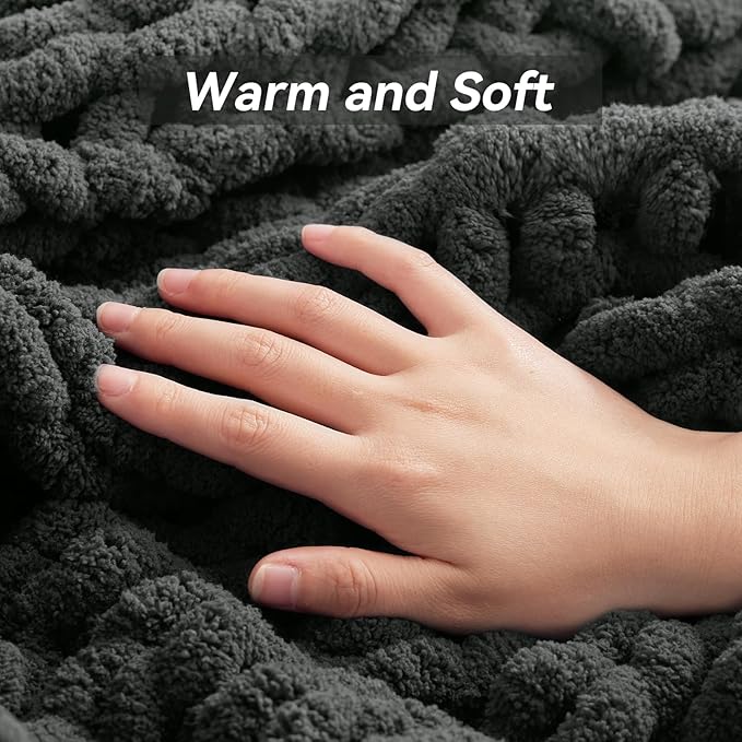 Chunky Knit Throw Blanket, 60''*80'' Knitted Throw Chenille Yarn for Bed Couch, Handmade Dark Grey Crochet Big Thick Blanket, Machine Washable Cute Comfy Blanket for Home Decor