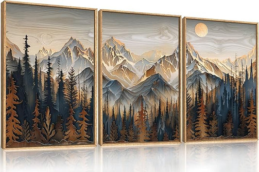 Wood Mountain Framed Canvas Wall Art Set, Pine Trees Wall Painting, Ridge Scenery Wall Decor, Natural Sun Landscape Art Print for Living Room, Bedroom, Dining Room, Office - 16"x24"x3