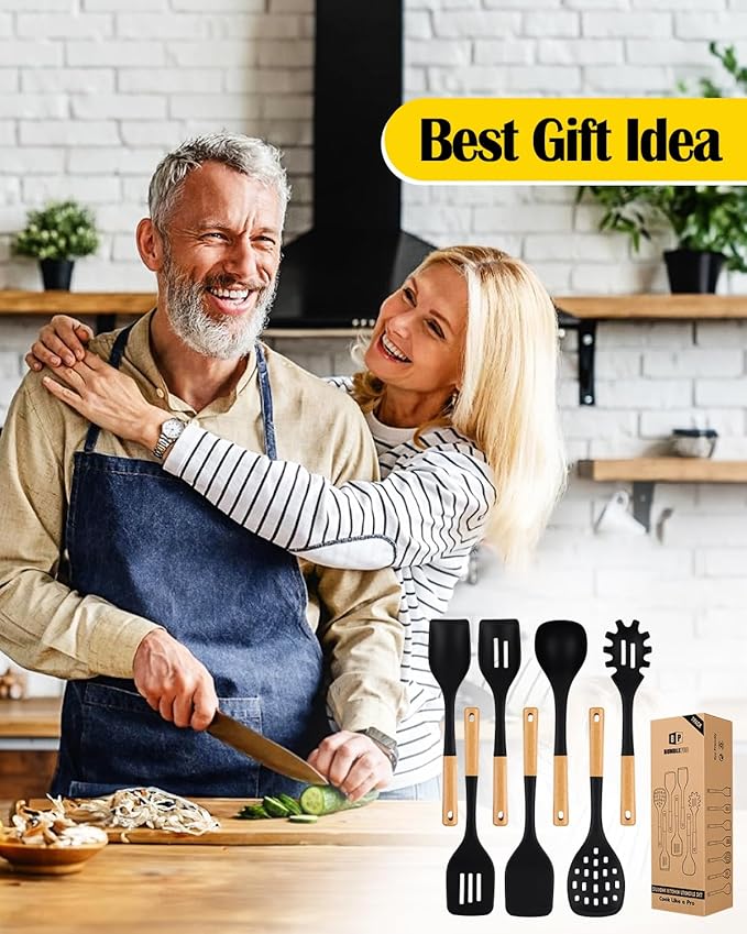 Silicone Kitchen Utensil Set for Non Stick Cookware, 7 Pcs Heat Resistant Cooking Utensils with Wooden Handle, BPA Free Kitchen Tools with Spatulas, Spoons, Skimmer and Pasta Fork (BLACK)