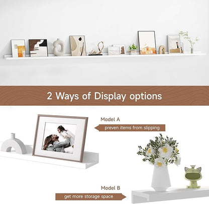 Floating Picture Ledge Shelves for Wall Set of 2, 95 Inches Picture Ledge Shelf with Long Large Nursery Book Shelf for Toys Storage Kids Bookshelf Wall Mounted Living Room Bedroom Decor Frames, White