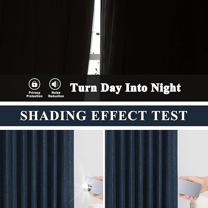 Vision Home Navy Blue Pinch Pleated Full Blackout Curtains Linen Blended Room Darkening Curtain Panels 102 inch for Living Room Bedroom Thermal Insulated Pinch Pleat Drapes with Hooks 40" Wx102 Lx2