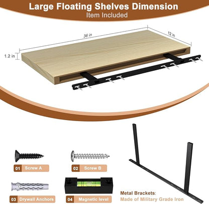 12 Inch Deep Floating Shelves for Wall 2 Pack Floating Shelves Large Storage Space Wall Mount Shelf for Living Room Kitchen Bathroom 36" W x 12" D x 1.2" H Oak