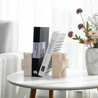Natural Marble Bookends for Heavy Books, Heavy Duty Square Decorative Stone Book Ends for Shelves, Aesthetic Travertine Book Holder, Modern Office Bookshelf Stopper Decor, Beige, Set of 2