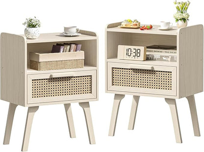 Lerliuo Rattan Nightstands Set of 2, Side Table with Drawer Open Shelf, Cane Accent Bedside End Table, Mid Century Modern Night Stand for Bedroom, Dorm and Small Spaces (Grey White)