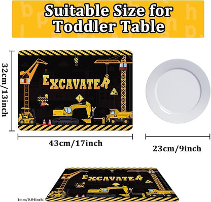Construction Placemats Set of 6 Toddler Plastic Table Mats Dump Truck Place Mats Washable Vinyl Nursery Homeschool Table Decoration for Indoor Outdoor Party Kitchen Dining