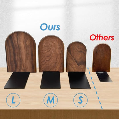 Book Ends, Sturdy Wooden Bookends for Shelves - Heavy Duty Non-Slip Book Organizers, Decorative Bookend Holders for Home Office, Library, Black Walnut Universal Economy Bookend, Medium, 1 Pair