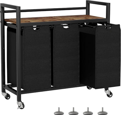 Laundry Hamper, Laundry Basket, Laundry Sorter with 3 Removable Bags, Clothes Basket with 3 Compartments, Wheels, Shelf for Laundry Room Bathroom Bedroom (3 Bags-Black)