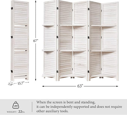 Partition Room Dividers, Folding Wood Privacy Screen with Three Display Shelves Suitable for Home Office, Study, Art Display - 5 Panel, 67 * 64inch (White-Washed)
