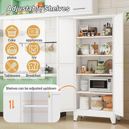 Metal Pantry Cabinet with 2 Doors and Adjustable Shelves - 71" Kitchen Storage Cabinet with Gold Handles - Versatile Storage for Kitchen, Bathroom, Dining Room, Utility Room - White
