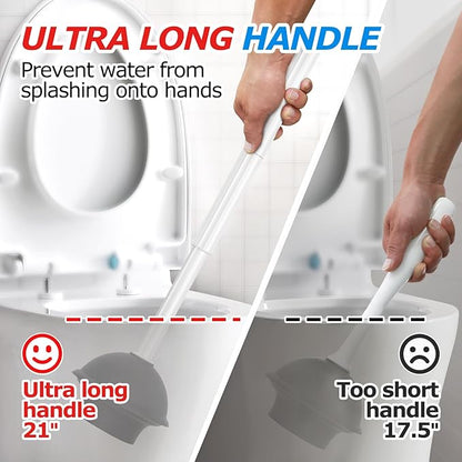2Pack 2 in 1 Toilet Brush and Plunger Set, Extended Handle Plunger，Toilet Bowl Brush Plunger Set,Bathroom Cleaning Tools ，Toilet Brush Plunger Combo，Cleaning Brush，Cleaning Supplies(White)