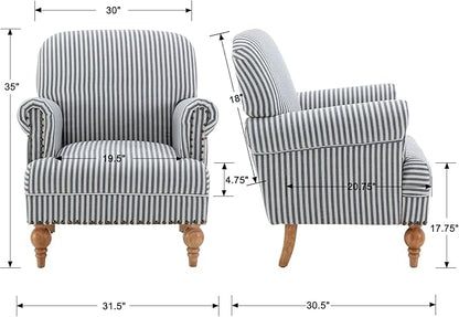 chairus Linen Accent Chair for Living Room Set of 2 Upholstered Mid Century Modern Single Sofa Chair with Solid Wood Legs Comfy Reading Armchair for Bedroom/Office Room/Recption/Lounge, Blue Stripe