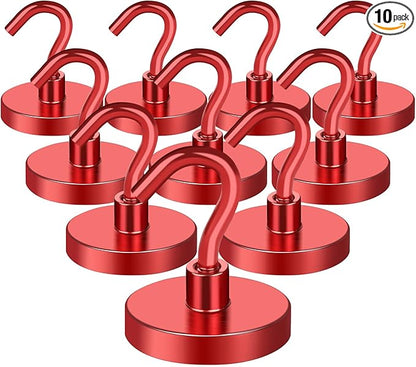 MIKEDE Strong Magnetic Hooks, 110Lbs Heavy Duty Magnetic Hooks for Cruise, Neodymium Earth Magnets with Hooks for Hanging, Super Metal Magnetic Hanger for Grill, Storage (Red,10 Pack)