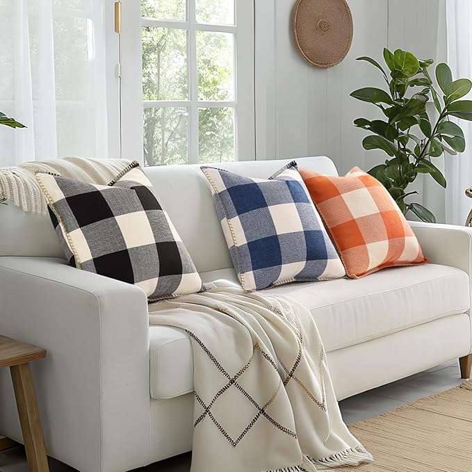 decorUhome Buffalo Plaid Check Throw Pillow Covers 24x24 Set of 2, Outdoor Decorative Farmhouse Neutral Pillow Covers with Stitched Edge for Bed Couch Sofa, Navy Blue and White