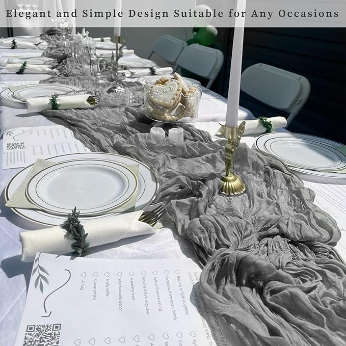 12 Pack Gray 10FT Cheesecloth Table Runner Rustic Gauze Fabric Cheese Cloth Table Runner for Wedding Bridal Baby Shower Table Decor 20 x 120 Inch Long Boho Sheer Birthday Party Table Decorations