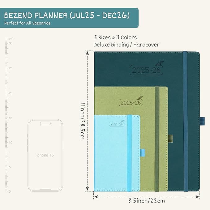 BEZEND Planner 2025-2026 Weekly and Monthly, 8.5" x 11" Academic Calendar (Jul 25-Dec 26) Vertical Daily Appointment with Hourly Timeslot & Monthly Tab, PU Leather Hardcover - Black