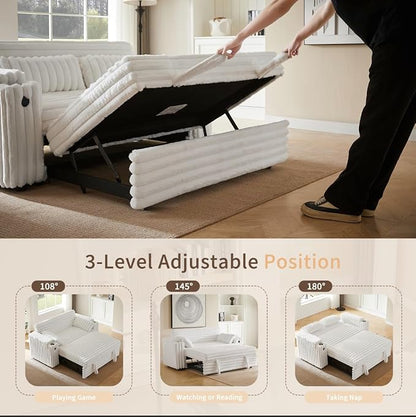 68.11" Corduroy Sleeper Chair Bed with USB Port, Cup Holders & Side Storage Pockets – 3-in-1 Foldable Sofa Bed for Guest Room, Living Room -White