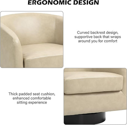 Swivel Barrel Accent Chair, Modern Round Faux Leather Arm Chair for Living Room, Bedroom, Comfy Club Reading Chairs for Adults, Faux Leather, Cream, Set of 1