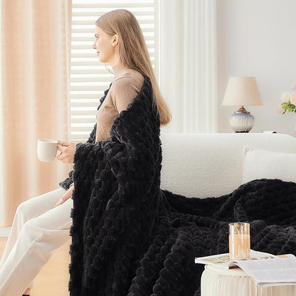 NEWCOSPLAY Super Soft Throw Blanket Black Premium Silky Flannel Fleece 3D Clouds Stylish Jacquard Lightweight Bed Blanket All Season Use 350GSM (Black, Throw(50"x60"))