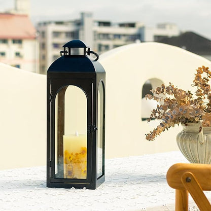 Bdor 2 Pack Luxury Black Metal Lanterns – 16" Tall Modern Hurricane Candle Lanterns with Tempered Glass Panels for Front Porch, Tabletop, Mantel, Wall Hanging, Garden, Indoor & Outdoor Décor