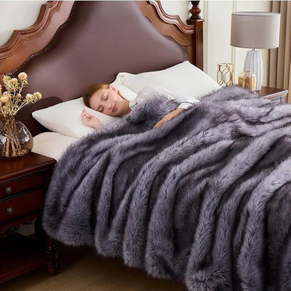 Fluffy Faux Fur Throw Blanket – Super Soft Warm Thick Plush Blanket for Bed, Couch & Office, Cozy Fuzzy Throw with Flannel Backing,108"x90", Grey