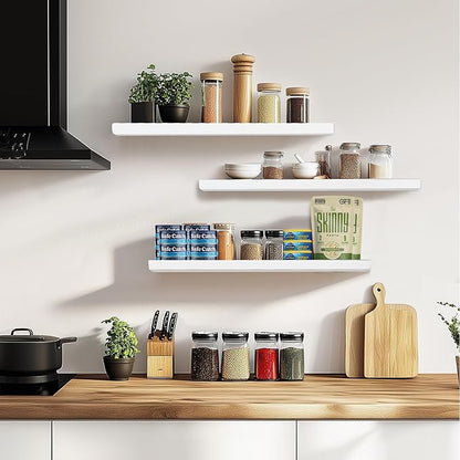 3-Pack Floating Wall Shelves, 24-Inch Rustic White Wooden Shelves for Storage and Décor, Easy Installation for Living Room, Bedroom, and Kitchen