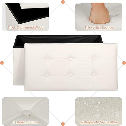 SUPER DEAL Folding Storage Ottoman Bench, Waterproof Faux Leather Ottoman Padded Seat Footrest Bench for Living Room, Bedroom, Entryway, Small Spaces, 15 x 30 x 15 inches, Creamy White