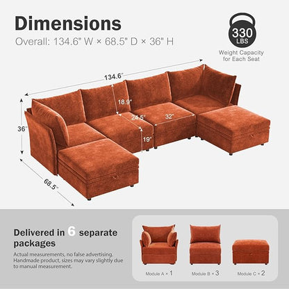 134.6" Oversized Modular Sectional Sofa, 6 Seater U Shaped Couch with Storage Ottoman with Reversible Chaise Deep Seat for Living Room, Apartment - Chenille Terracotta Orange