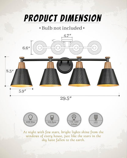 FEMILA 30" Bathroom Light Fixtures, 4 Light Vanity Lighting Fixtures with Wood Grain Paint and Black Finish, Light Fixtures for Bathroom Above Mirror, 4FG75B-4W BK