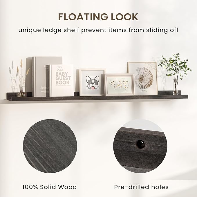 Floating Shelves for Wall, Picture Ledge Shelf 36 Inch Solid Wood Set of 2, Rustic Wall Shelves with Lip, Kids Bookshelf, Photo & Picture Live Edge Floating Shelves for Bedroom, Living Room, Kitchen