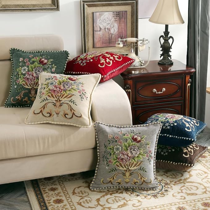 Set of 2 Red Vintage Embroidered Throw Pillows Covers 18x18in Sofa Couch,Red Floral Embroidered Cushion Cover for Sofa Bed Chairs Car