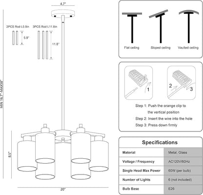 6-Light Modern Farmhouse Brushed Nickel Chandelier, Dining Room Light Fixture Over Table Adjustable Height Hanging Industrial Pendant Lights Kitchen Island, Clear Glass Shade
