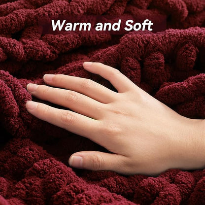 Chunky Knit Throw Blanket, 30''*40'' Knitted Throw Chenille Yarn for Bed Couch, Handmade Red Crochet Big Thick Blanket, Machine Washable Cute Comfy Blanket for Home Decor