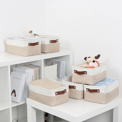 DULLEMELO Small Storage Bins, Storage Baskets for Organizing, Collapsible Rectangular Fabric Baskets for Shelves, Closets, Nursery, Home, Office, Empty Gift Baskets (6-Pack, White&Khaki)
