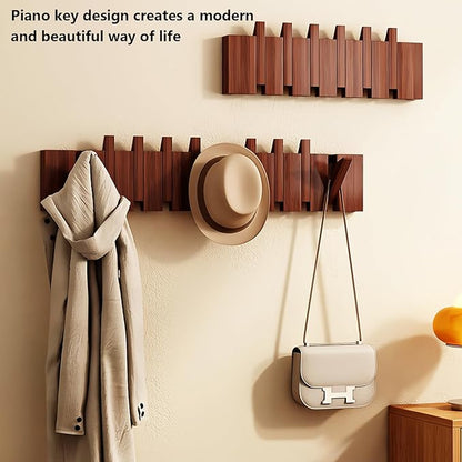 Wall Mounted Piano Key Hanger | Flip Style Hook | Entrance Wall Art Hook, Made of Oak Wood (3 Times Painted, 4 Times Polished) (Walnut, 10Hooks)