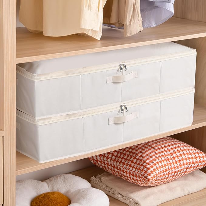 Under the Bed Storage Bins, Closet Organizers with Reinforced Handles for Blanket, Sheets, Pillows, Towels, Shoes, Beige, 3 Pack, 23.6 x 11.8 x 5.9 Inch