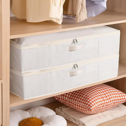 Under the Bed Storage Bins, Closet Organizers with Reinforced Handles for Blanket, Sheets, Pillows, Towels, Shoes, Beige, 2 Pack, 23.6 x 11.8 x 5.9 Inch
