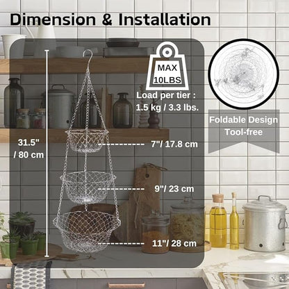 IBERG 3-Tier Fruit Basket Hanging Baskets for Storage - Kitchen Bathroom Organizer (Chrome)