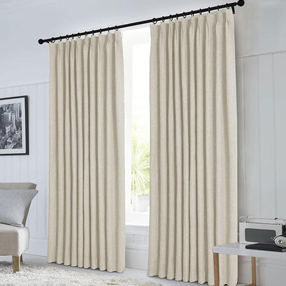 Macochico Pinch Pleated Blackout Curtains 102 Inches Long 100% Light Blocking Ivory White Linen Drapes for Bedroom Living Room Farmhouse Shabby Chic Burlap Curtains with Tieback 72”Wx102”L 1 Panel